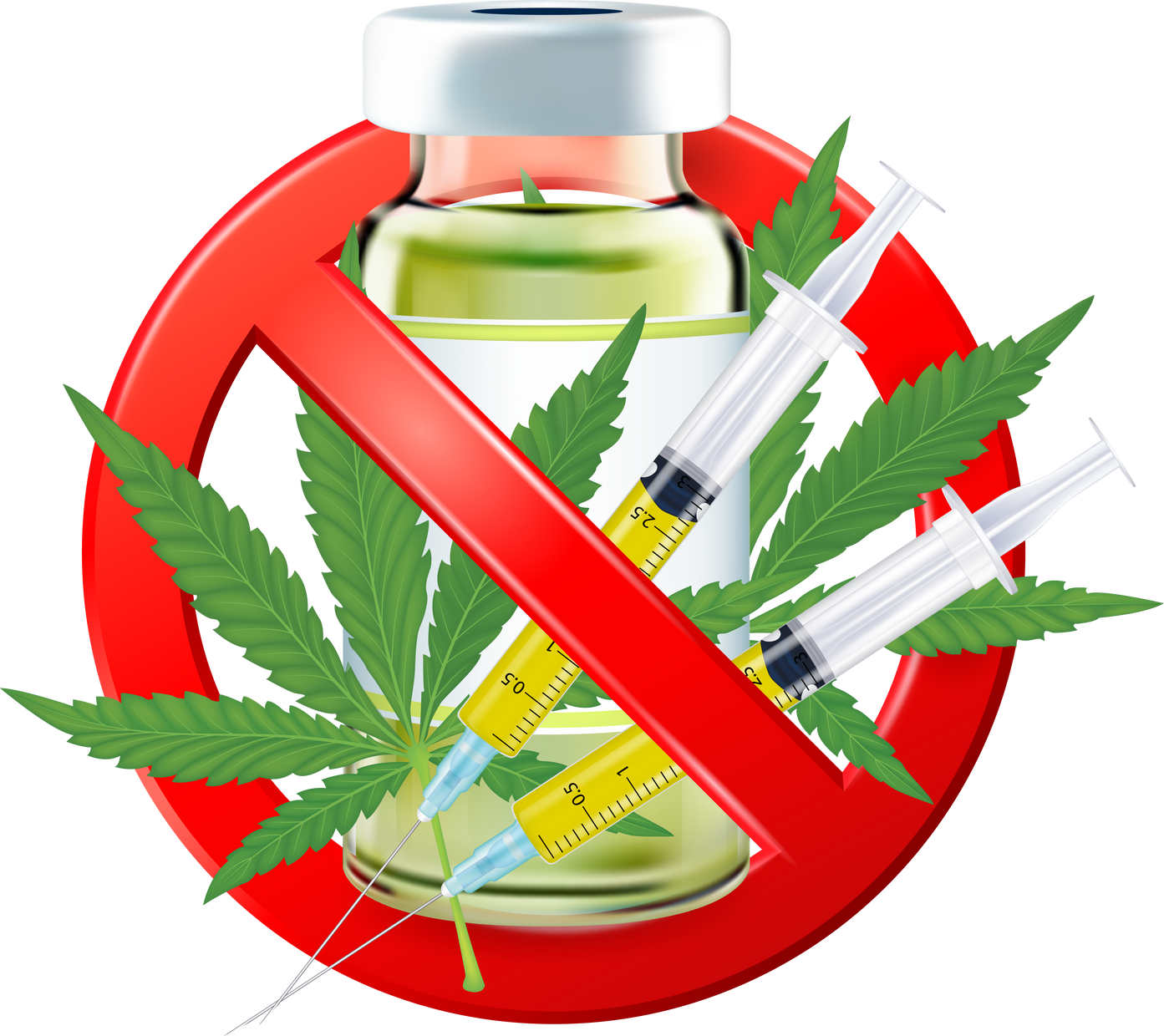 No drugs. Marijuana leave and syringe sign. Prohibition no smoking Forbidden weed.